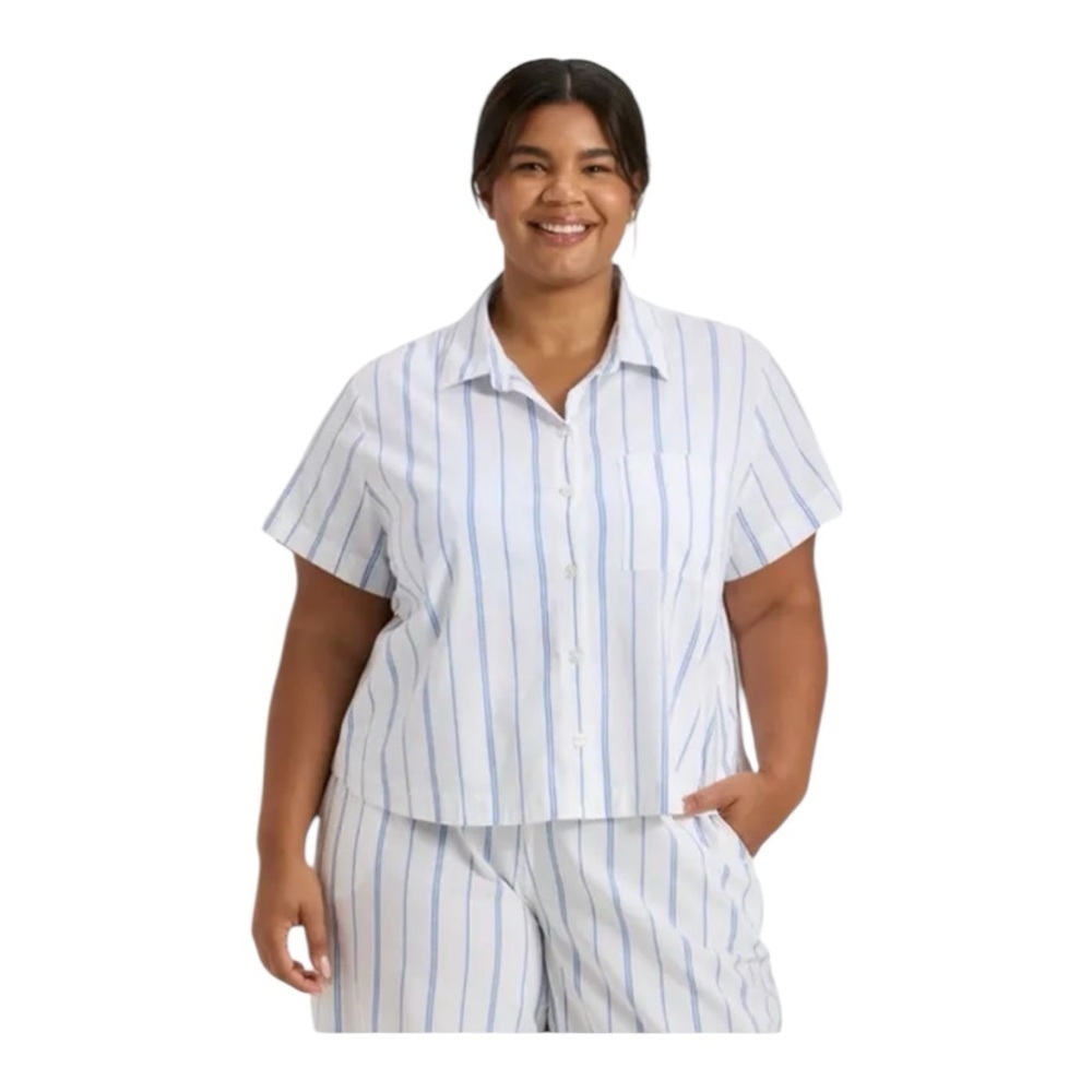 NWT Auden White and Blue Striped Short Sleeve Button-Up Pajama Shirt XS